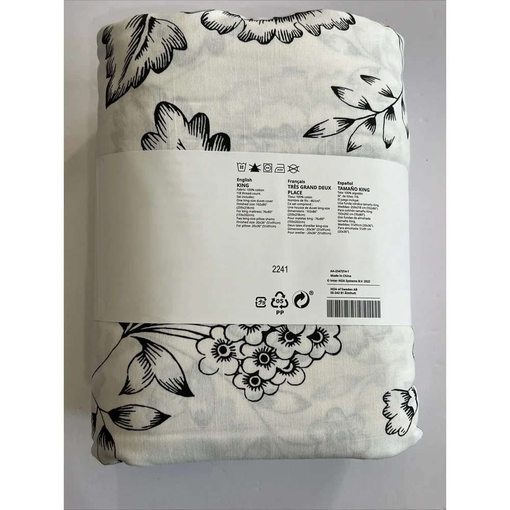 Ikea JUNGFRUNAVA King Duvet Cover + 2 Pillowcases Set White/Gray Floral